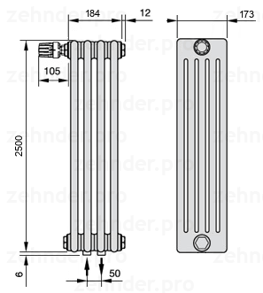 Схема (чертеж) Радиатор Zehnder Charleston 5250/4 №V007 Белый глянцевый RAL 9016